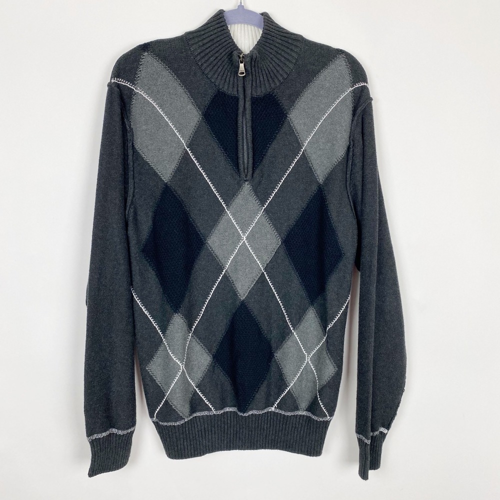 BKE Argyle Quarter Zip Cotton Knit Pullover Sweater Mens Large Charcoal Grey